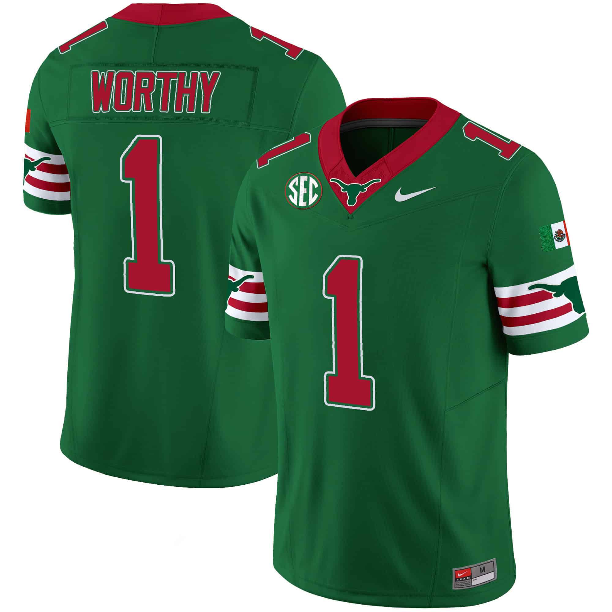 Men Texas Longhorns #1 Worthy Green 2024 Nike Mexico SEC Patch Vapor NCAA Jersey